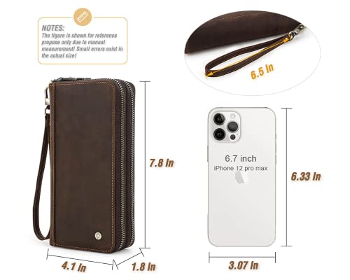 Image of Top Grain Genuine Leather Clutch Bag Wallet with Wristlet for Man & Woman, Handmade Retro Design, 2 Zipper Pockets & Multiple Slots, RFID Large Capacity for Cards /Phone /Check /Money /Coin, Coffee