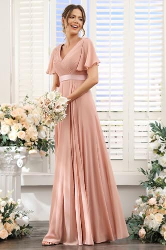 Image of TIRAS Women's Ruched Chiffon Mauve Bridesmaid Dresses Plus Size with Pockets Simple V Neck Formal Dress Long with Flutter Sleeves 2025 Plus Size 18W
