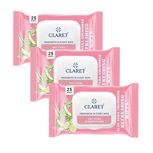 Image of Claret Refreshing Wet Wipes With Aloe Vera & Cucumber For Face & Body | 25 Pulls | 100% Ultra Purified Water | pH Balanced & Alcohol-Free (Pack Of 3)