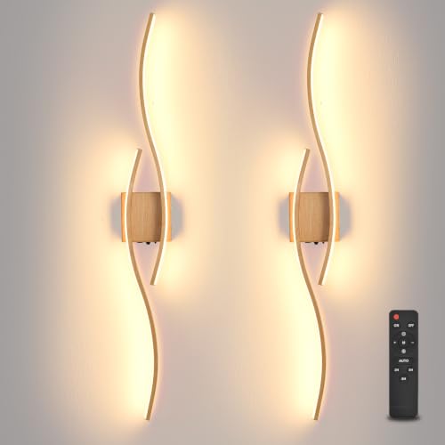 Image of Battery Powered Wall Sconces Set of 2, Wood 39.4 inch LED Dimmable Wall Sconce with Remote Control /Timer /Memory, USB Rechargeable Wall Lights for Living Room Bedroom Hallway