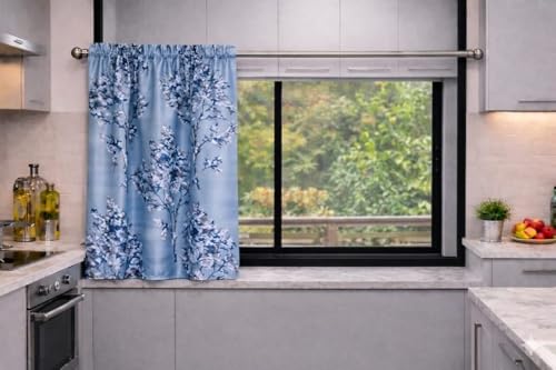 Image of Premium Light Filtering Valance Printed Rod Pocket Curtain, Set of 2, Washroom Curtain (Half Window - 3ft Turquoise)