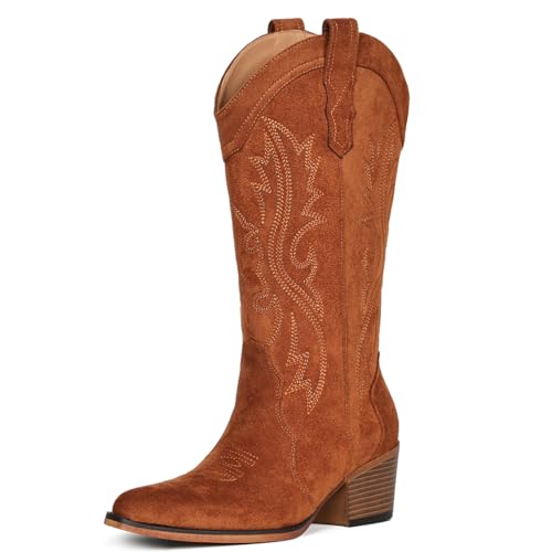 Image of IUV Cowboy Boots For Women Western Cowgirl Boots Mid Calf Snip Toe | Chunky Heel Ideal for low insteps