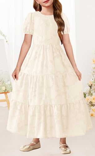 MITILLY Summer Flower Girl Dress Elegant Short Sleeve Crew Neck A-Line Flowy Maxi Dress for Kids with Pockets 6-12 Years2