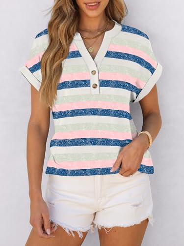 Image of ANRABESS Womens Short Sleeve Henley Tops V Neck Dressy Casual Blouses Summer Trendy Tee Shirts 2026 Vacation Fashion Clothes