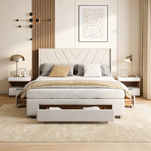 Doppelbett 160x200, Polsterbett mit 3 Schubladen, Gepolsterte Kopfteil mit Stilvoller Geometrischer, Lattenrost und Metall Bettgestell, für Erwachsene und Jugendliche, Leinen Beige, Ohne Matratze Doppelbett 160x200, Polsterbett mit 3 Schubladen, Gepolsterte Kopfteil mit Stilvoller Geometrischer, Lattenrost und Metall Bettgestell, für Erwachsene und Jugendliche, Leinen Beige, Ohne Matratze
