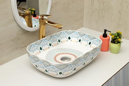 Image of Moroccan Design Ceramic Tabletop Wash Basin | Countertop Vessel Sink | Wash Basin over counter For Bathroom Hotel Home (18x13x5.5 Inch) (TORO 4014) (Moroccan Design 115)