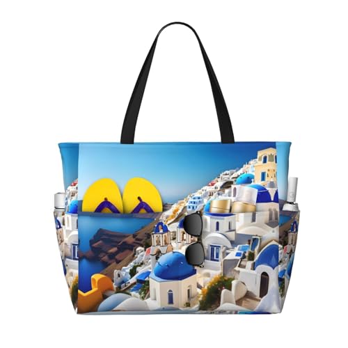 Sac fourre-tout Santorini noir grand sac à bandoulière imprimé île grecque
