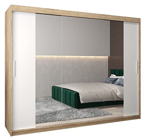 MEBLE KRYSPOL Kleiderschrank mit Spiegel Tokyo 2 - Garderobenschrank - Schrank Schlafzimmer - Mehrzweckschrank DREI Schiebetüren - Regalen - Flur Möbel - Kleiderstange Schrank - Allzweckschrank