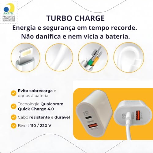 Carregador Turbo 40W Cabo Lighting 2 entradas iPhone X Xr 8 11 12 13 14 Plus Pro Max iPad iPad Saída