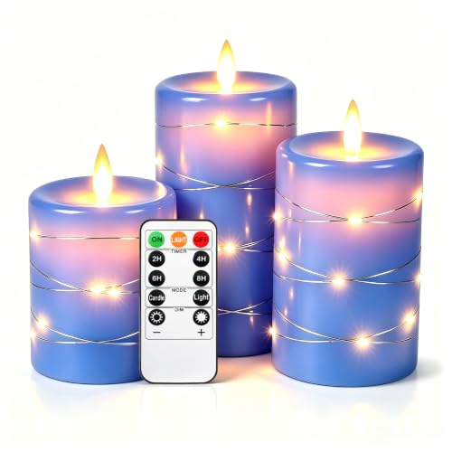 Da by 3 Pack Blue Real Wax Flameless Taper Candles, Lifelike Flickering LED Flame Candles with Surrounding Fairy String Lights, Soft Warm Battery Candles with Remote for Home Wedding Holiday Decor by Da by - Used condition - US$13.34