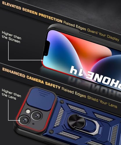 Image of WOW IMAGINE Tough Armor Bumper Mobile Back Case for iPhone 14 | Sliding Camera Shield Cover | Shock Proof 360 Protection | Hybrid PC + TPU | Ring Holder with Kickstand - Blue