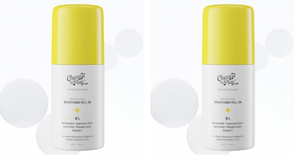 Chemist at Play Brightening Roll On For Neck, Knee & Elbow With 6% Vitamin C+ Hyaluronic Acid, AHAs, Niacinamide, & Ceramides | Helps Reduction in Pigmentation & Hydrates Dry Skin | 40ml (Pack of 2)