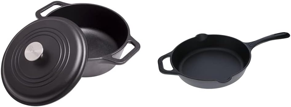Victoria 4-Quart Cast Iron Dutch Oven with Lid and Dual Loop Handles, Seasoned with Flaxseed Oil, Made in Colombia,Black | Victoria SKL-210 Cast Iron Skillet. Frying Pan with Long Handle, 10", Black