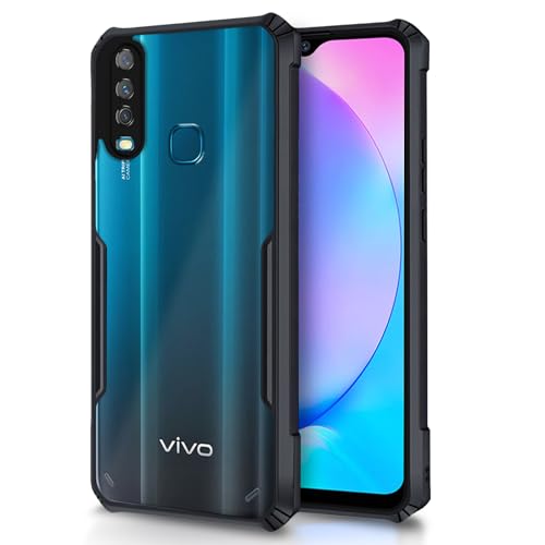 Image of Pikkme Back Cover for Vivo Y12 / Y15 / Y17 / U10 | Ultra Hybrid Shockproof Case | Full Camera Protection | Raised Edges | Clear Transparent Bumper Case (Black)