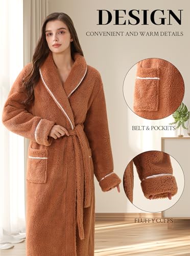 Image of Women Long Plush Fleece Bath Robe | Soft loungewear housecoat, comfy sleepwear for home, suitable as ladies pajamas and nightgown