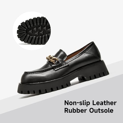 Image of BEAU TODAY Chunky Loafers for Women,Womens Platform Loafer Shoes,Chunky Heel Lug Sole Slip-on Metal Chain Shoes,Comfort Round Toe Business Work Office Shoes