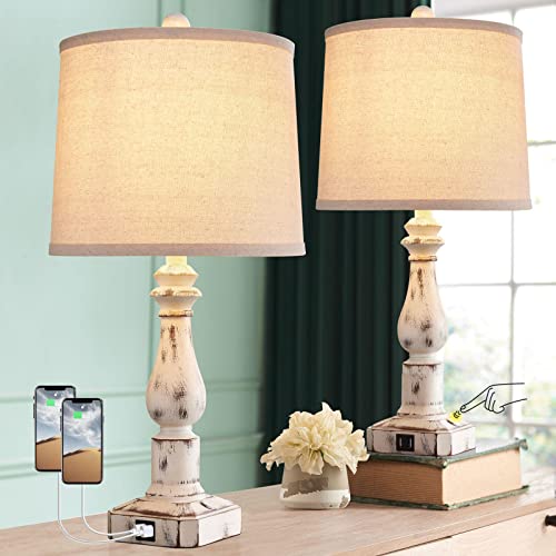 Roria Touch Control Rustic Table Lamps Set Of 2, 3 Way Dimmable Vintage Bedside Nightstand Lamp With Dual Usb Charging Ports, Antique White Resin Desk Lamp For Bedroom Living Room, 2 Bulbs Included #TOP23