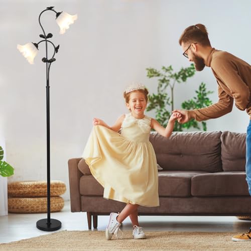 Image of HMVPL Black Floor Lamp for Living Room, Flower Standing Lamp with 2 LED 5W Blubs, Foot Switch, Floral Tall Lamp with Acrylic Shade, Antique Lotus Flower Floor Lamp for Living Room Office Reading