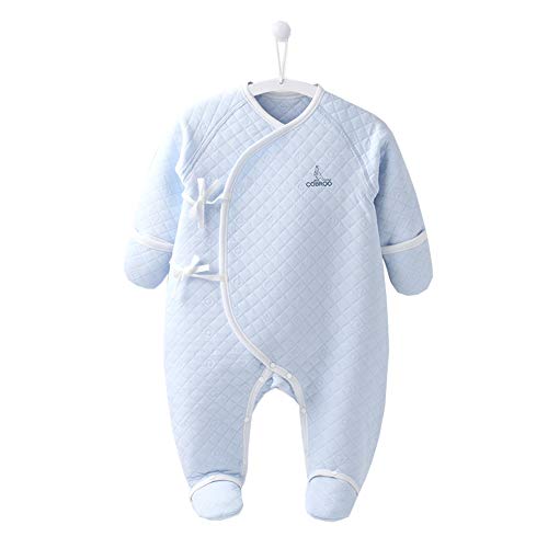 COBROO 100% Cotton Newborn Footie Pajamas with Mittens Side-Belt Infant Footed Sleeper Cozy Warm Baby Outfits Blue