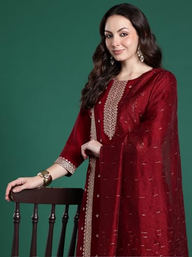 Image of INDO ERA Women's Straight Silk Blend Ethnic Motifs Embroidered Kurta & Pant with Dupatta Set (KH9MR10449)