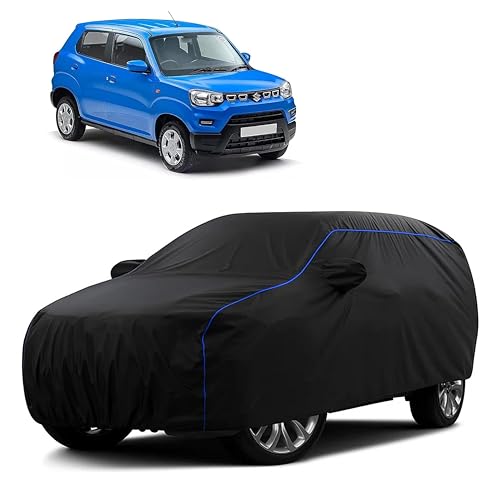 Image of Sulfar 100% Water Resistant Car Body Cover Compatible with Mirror for Maruti Suzuki S-presso (Triple Stitched, Full Bottom Elastic, Black Tafetta with Blue Piping)