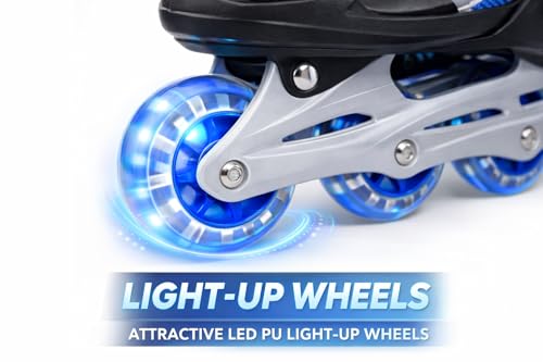 Image of Adjustable Inline Skates with Light-Up PU Wheels, Breathable Mesh Shoes, Double Buckle Strap, Rear Brake, Roller Skates for Kids, Boys & Girls 6-20 Year, Blue