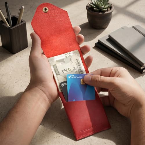 Image of The Wallet Store Flip 2.0 Genuine Leather Vertical Slim Wallet for Men | Pull-String Quick Card Access | Compact Front Cash Pocket & Button Lock | Minimalist Travel & Daily Carry Wallet (Red)