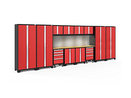 &lrm;&lrm;&lrm;&lrm;NewAge Products Garage Cabinet Bold Series 14 PC Set Red (48" Bamboo Worktops, Backsplash Kit, LED Lights, 2 Rolling Tool Drawer, 2 Two-Door Base, 4 Wall Cabinets, 4 Multi-Use Lockers), 56479