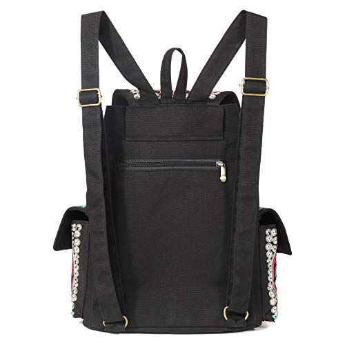 Image of SILKAREA Vintage Embroidered Backpack Purse for Women Handbag Canvas Shoulder Bag Ethnic Boho Travel Backpack (Black S2) Large