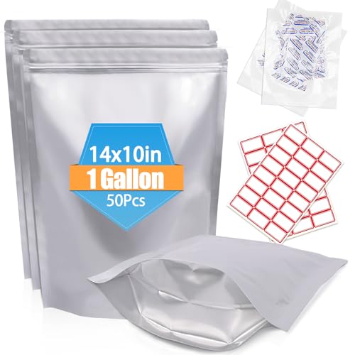 NexLevVac 50PCS 1Gallon 10X14 Mylar Bags for Food Storage with Oxygen Absorbers&Lables 10 Mil Thick Resealable Stand-Up Zipper&Heat Sealable Bags for Long Term Food Storage Dried Food
