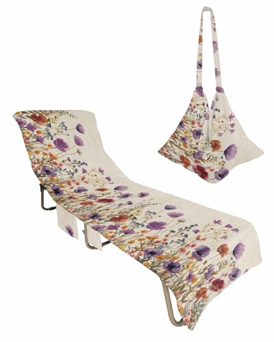 Watercolor Floral Beach Chair Towel Covers for Chaise Lounge with Side Pocket, Soft Plush Pool Towels Cover for Patio Sunbathing Outdoor Purple Botany Country Nature Aesthetics Blooms 29''x85''