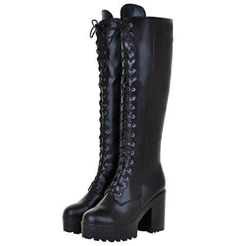 Image of Parisuit Women's Knee High Goth Platform Boots Lace Up Combat Boots | Chunky High Heel, Buckle Boots, Punk Chain Boots