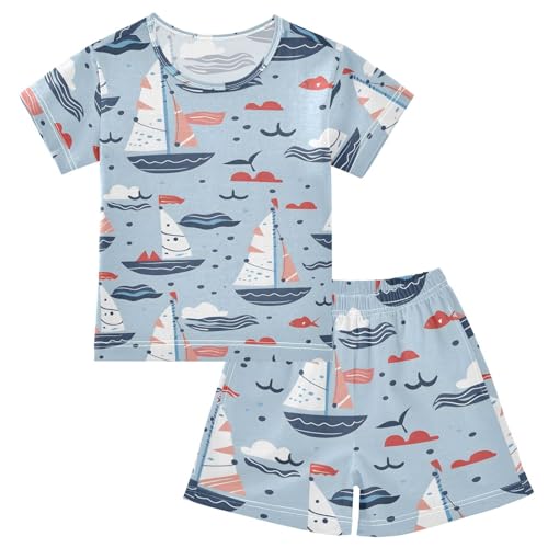 ALAZA Sailboat Bird Blue Pajamas Short Sleeve 2 Piece Sleepwear Top and Bottom Pajama Set Unisex