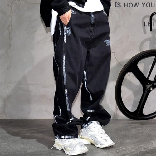 Men’S Streetwear Hip Hop Splash Paint Slim Cargo Pants Button Fly Midweight Unwashed Skateboard Full Length Jeans3