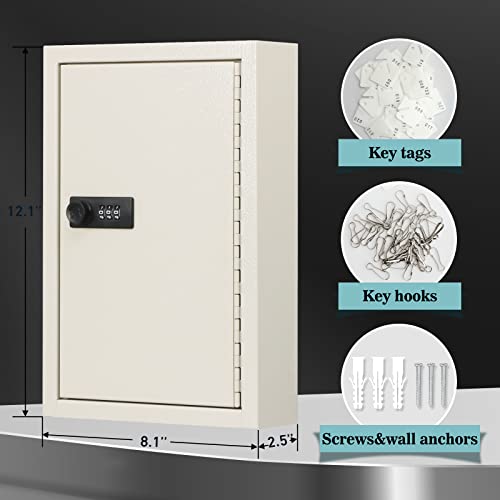 Dalmbox Key Cabinet With Combination Lock, Key Storage Box Wall Mount, Steel Security Locking Key Lock Box With Code, 40 Key Hooks And Key Tag Labels, 8.66 X 3.54 X 12.8 Inch, White #TOP2