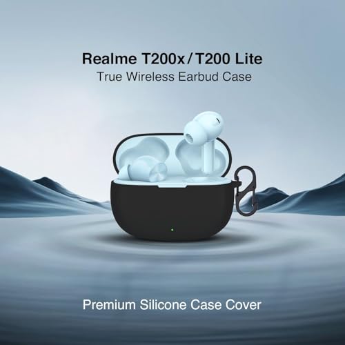 Image of Prolet Earbuds Case Compatible with Realme Buds T200x /T200 Lite, Silicone Shockproof Dustproof Cover, 360 Degree Protection, Anti-Scratch Soft TPU Skin, Carabiner Hook (Black)