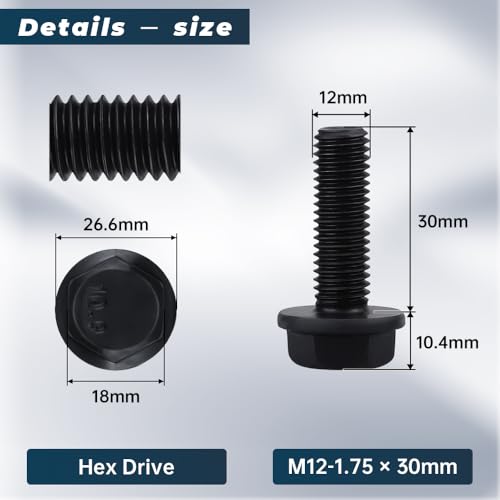 Image of Glvaner M12-1.75 x 30mm (8 pcs) Alloy Steel Flanged Washer Head Hex Bolts, Extra-Large Washer Head, 10.9 Grade Black Oxide Finish GB5789 Full Thread