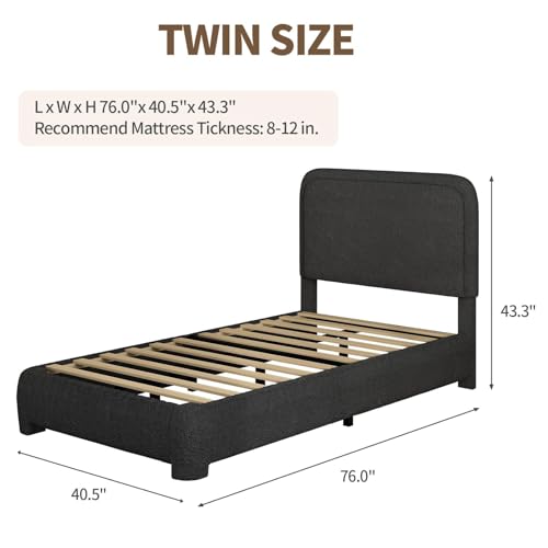 Image of BarnFurin Twin Bed Frame, Cloud Boucle Headboard, Rounded Corners, Black
