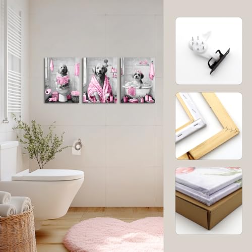 Image of sechars Funny Dogs Bathroom Wall Art Grey and Pink Bath Decor Cute Animal Painting Canvas Print (Pink)