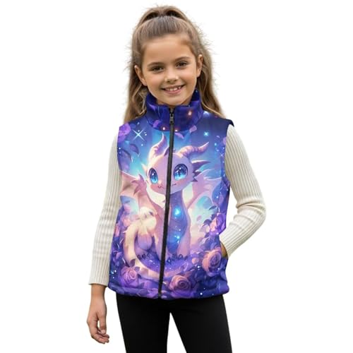 INSTANTARTS Purple Dragon Kids Sleeveless Vests Size 2 Floral Lightweight Kids Outerwear Vest Indoor Outdoor Fashion Zippered Vests for Fall Winter Cute Quilted Jacket