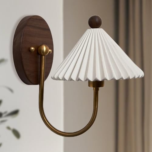 Image of Vintage Aged Brass Ceramic Hand-Polished Wall Sconce, White Pleated Shade Wall Mounted Light, Light for Bedroom, Living Room, Hallway