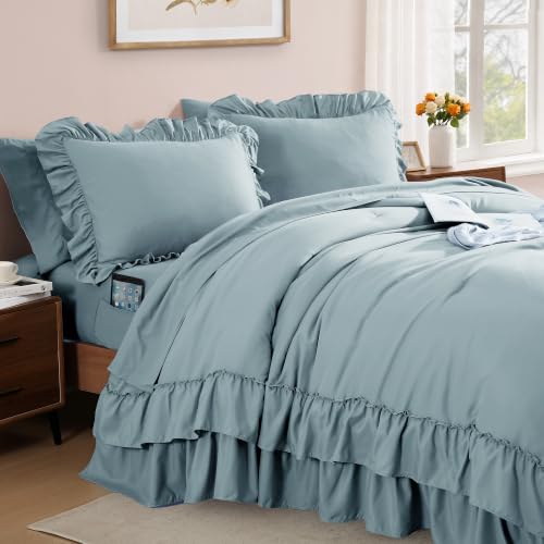 Image of Queen Comforter Set Dusty Blue Ruffle 7 Pieces Farmhouse Bed in a Bag | Shabby Chic Fluffy All Season Bedding Sets with Sheets, Pillowcases & Shams