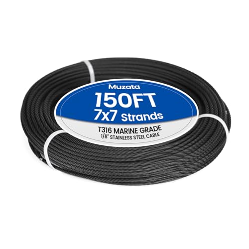 150 ft 1/8" Black Stainless Steel Cable Railing System Hardware T316 Stainless Steel Wire Rope 7x7 Strands 1800 lb Breaking Strength Black Cable Railing Kit for Indoor Outdoor WR19