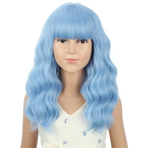 Image of Girls Lake Blue Wig with Air Bangs Kids Short blue Wavy Curly Wigs Synthetic Cosplay Hair for Halloween