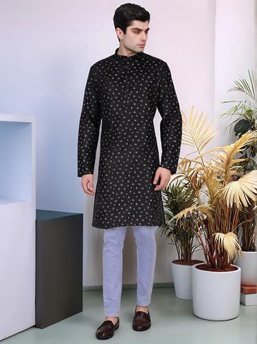 SKAVIJ Herren Baumwolle Langarm Tunika bedruckt Kurta, Schwarz , S