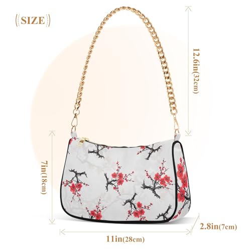 Zipper One Shoulder Purses Elegant Cherry Blossom Red Flowers Tote Handbag Cartoon Womens Hobo Clutch Purse with Chain Strap3