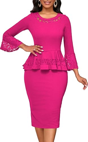 Image of Lace Dresses for Women Wedding Guest Elegant Long Sleeve Cocktail Business Knee Length Pencil Dress
