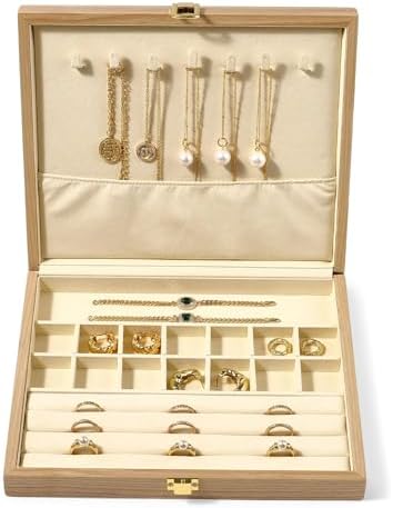 Oirlv Wooden Jewelry Box Organizer for Women Jewelry Case Wood Bracelet Jewelry Display Case for Necklaces Ring Box Wood Jewelry Box with Lock Creamy-White