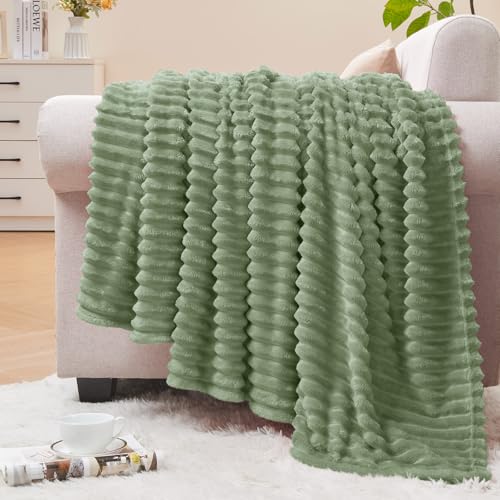 Image of BEDELITE Fleece Throw Blanket for Couch - 3D Ribbed Jacquard Soft and Warm Decorative Fuzzy Blanket - Cozy, Fluffy, Plush Lightweight Sage Grey Green Throw Blankets for Bed, Sofa, 50x60 inches