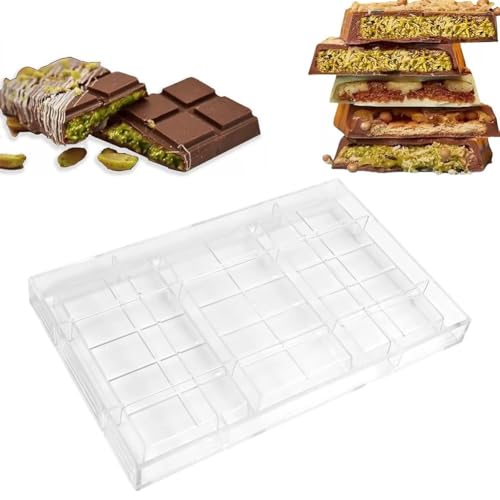 Moldes de policarbonato para hacer chocolates Dubai, fabricante profesional de barras de 3 cavidades para chocolates en capas y rellenos, fácil liberación para barras Dubai Bares Candy Energy Bar